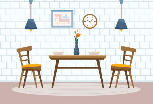 Flat dining room concept with chairs and table. Interior items of cozy modern midcentury kitchen design with flowers and lamps. Vector cartoon illustration with home decor accessories and plates