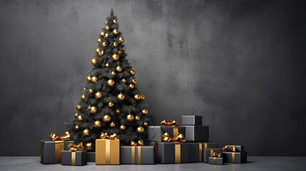 Luxurious Black Christmas Tree with Golden Decorations and Gifts. Christmas concept with copy space
