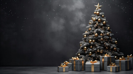 Luxurious Black Christmas Tree with Golden Decorations and Gifts. Christmas concept with copy space