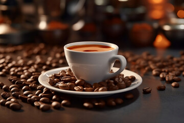 Fototapeta premium Cup of Coffee with Coffee Beans. Generated AI