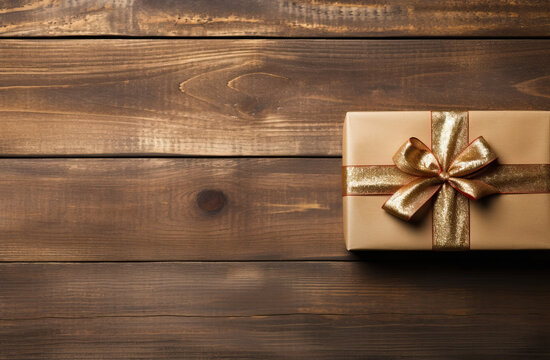 A neatly wrapped gift with a golden bow on a rustic wooden background that has a sprinkling golden glitter. The warm tones of the image give it a cozy and elegant feel, perfect for christmas.