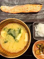 Japanese food. Grilled salmon with miso and starters.  