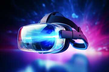 a virtual reality headset on a futuristic background, visual commercial style