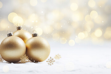Naklejka na ściany i meble Golden Christmas Ornaments on Snow with Glittering Lights Background. Christmas concept with copy space