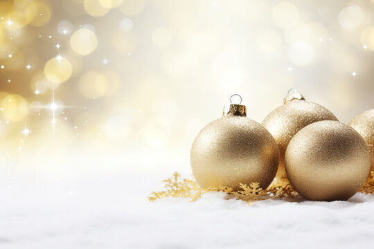 Golden Christmas Ornaments on Snow with Glittering Lights Background. Christmas concept with copy space