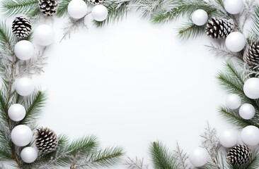 Fototapeta na wymiar Frosted Pine and White Christmas Ornaments Wreath Frame on Snowy Background. Flat lay. Christmas concept