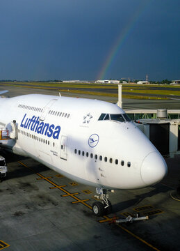 Lufthansa 747 400 and rainbow, Johannesburg Airport, South Africa