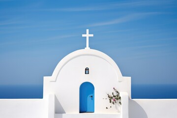 a beautiful white church with a vibrant blue door and a prominent cross