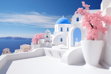 a beautiful white building with blue domes surrounded by vibrant pink flowers