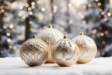 Elegant Creamy White Christmas Baubles with Golden Details on Snowy Backdrop. Christmas concept