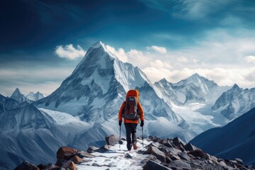a man hiking up a snow-covered mountain - obrazy, fototapety, plakaty