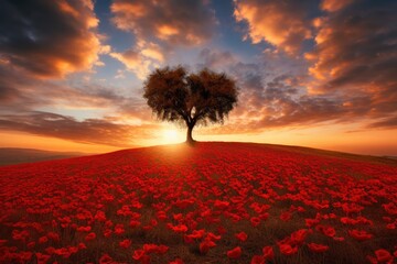 a solitary tree standing amidst a vibrant field of red flowers