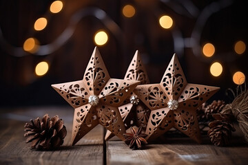 Warm Festive Glow: Carved Wooden Stars with Bokeh Lights