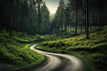 Fototapeta premium a scenic forest road surrounded by vibrant greenery