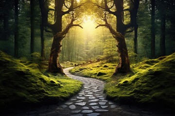 Illustration of a serene forest path surrounded by lush greenery, Generative AI