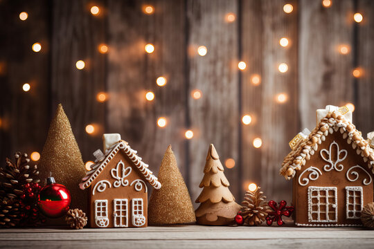 Charming Gingerbread Village with Festive Decorations and Twinkling Lights. Christmas concept