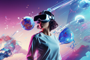 woman wearing virtual reality headset, metaverse commercial style visual