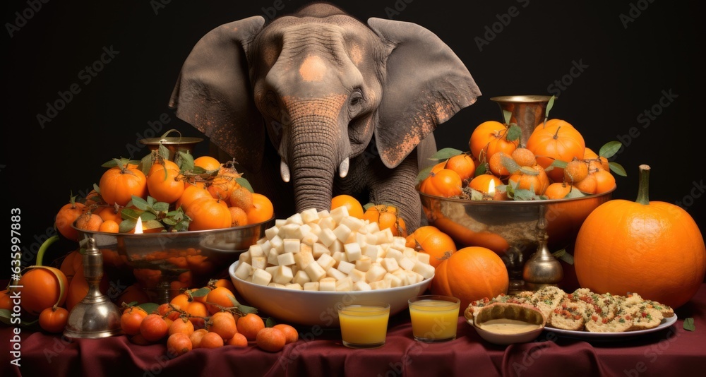 Poster an elephant standing next to a table full of food. generative ai image.