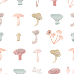 Cute different mushrooms. Wild forest mushroom is painted in watercolor. Vector seamless hand drawn pattern for textile or background.