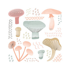 Set of cute different mushrooms. Wild forest mushroom is painted in watercolor. Hand drawn vector illustration for textile, postcard, banner, sticker or background.