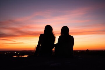 Fototapeta na wymiar two women, sunset from a hilltop