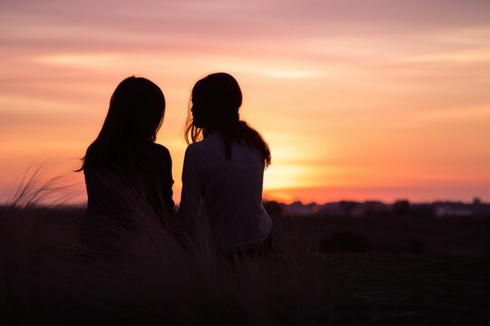 two girls enjoying a beautiful sunset in a peaceful field