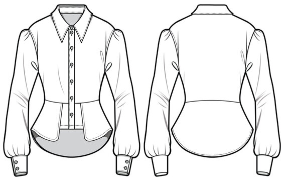 Women's Shirt Blouse flat sketch fashion illustration, Long sleeve curved hem blouse shirt technical drawing vector template