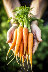 Men's hands holding freshly harvested carrots. Generative AI.