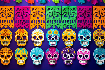 Papel Picado Banner with Skulls, Day of the Dead, symbols Generative AI