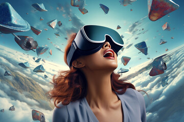 woman wearing virtual reality headset, metaverse commercial style visual