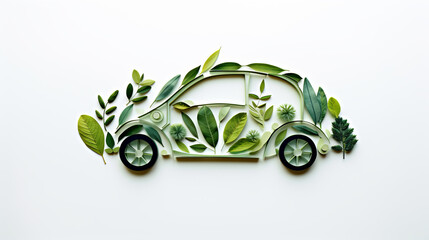 Little green eco car made of mos and leaves on white background