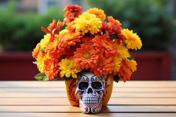 Aztec Marigold Flower Arrangement, Day of the Dead, symbols Generative AI