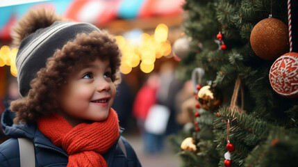 A black mixed race boy toddler standing in front of and looking at a christmas tree christmas market  christmas decorations christmas lights snow white christmas joy