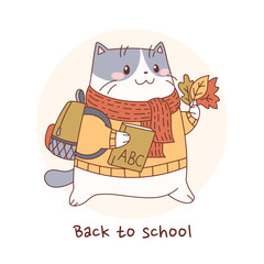 Back to school. Cute cat character goes to school with a book, a backpack and a bouquet of autumn leaves. vector set.