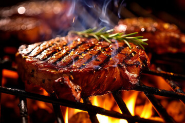 Grilled Steak with herbs cooking over flaming grill - obrazy, fototapety, plakaty