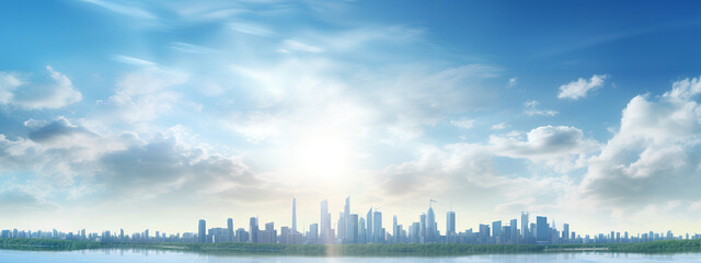 Fototapeta premium Beautiful Panoramic Cityscape behind a blue sky in a sunny day. Landscape city skyline. Generative AI.