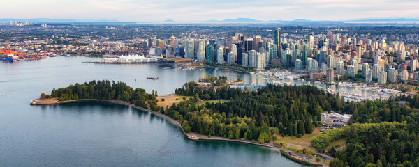 Coal Harbour, Port and Modern Downtown City. Aerial View. Vancouver, BC, Canada