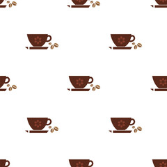 Dark brown Coffee cup with beans isolated on white background is in Seamless pattern - vector illustration