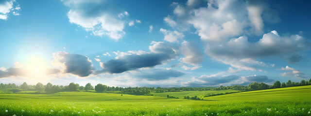 Beautiful Natural Landscape of a grassfield in a sunny day against a blue sky with clouds. Generative AI.
