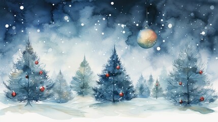 Fototapeta premium watercolor Christmas Tree With Baubles And Blurred Shiny Lights banner with text space 