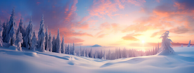 Beautiful Natural Landscape of a Snowfield forest sunset with clouds in winter. Generative AI.