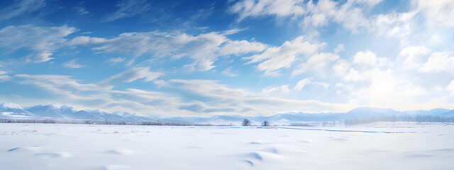Fototapeta na wymiar Beautiful Natural Landscape of a Snowfield in a sunny day behind a blue sky with clouds. Generative AI.