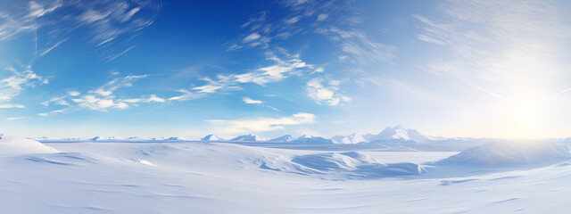 Fototapeta na wymiar Beautiful Natural Landscape of a Snowfield in a sunny day behind a blue sky with clouds. Generative AI.