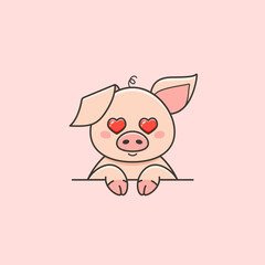 Cute pig in love with heart eyes in cartoon style. Vector illustration