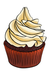 Chocolate cupcake with whipped cream hand drawn illustration on transparent background