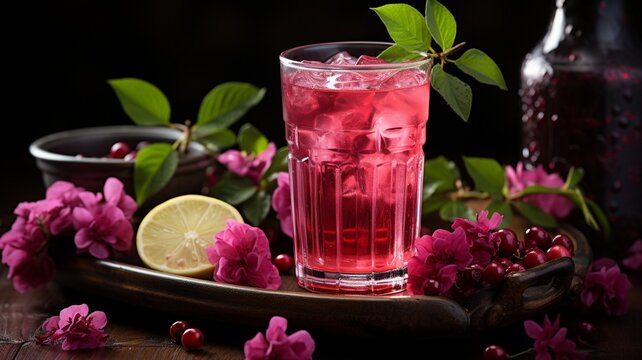 Glass of roselle juice with roselle fruits isolated on dark background, Closeup glass of roselle juice tea and fresh red Roselle fruit, 