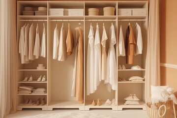 A diverse collection of fashionable clothes, elegantly decorating hangers and shelves in a stylish wardrobe.