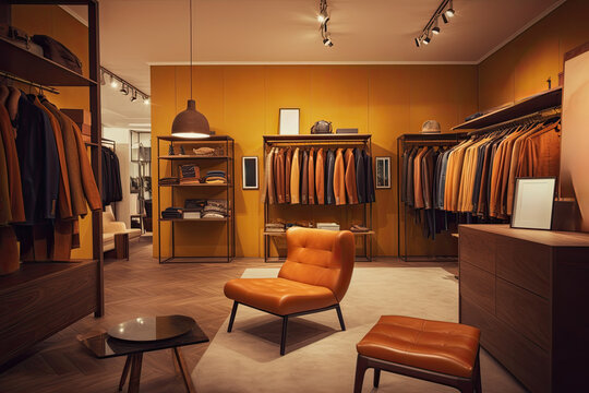 A cozy and stylish clothing store in warm colors with a varied assortment.