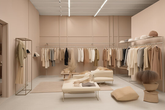 Elegantly designed retail space, a modern boutique with a new collection of clothes, combining modern colors and luxurious aesthetics in the interior of the store.