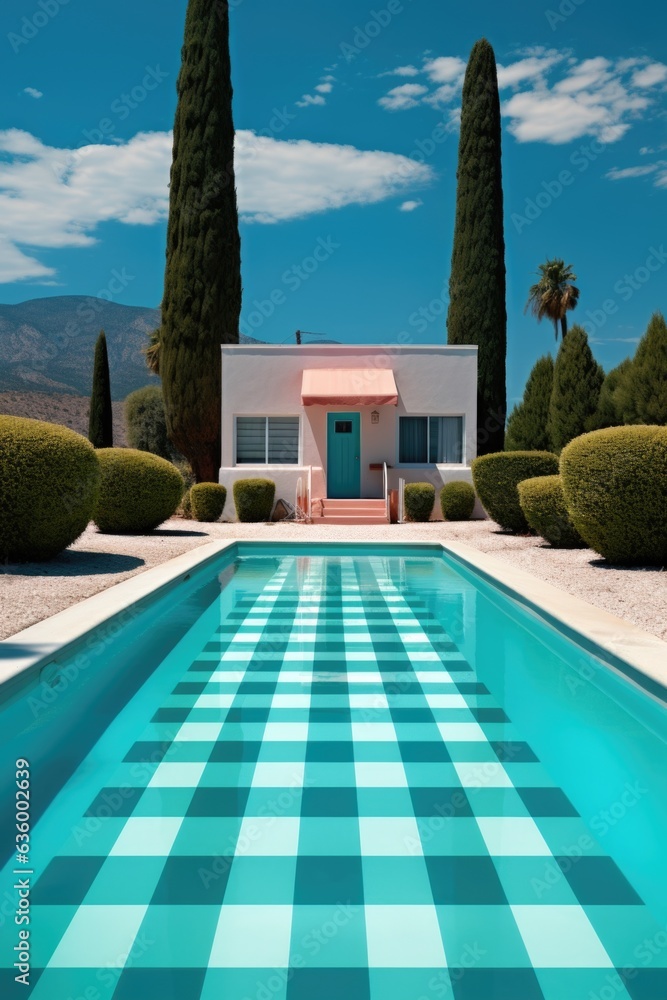 Poster a pool with a checkered pattern in front of a house. generative ai image.
